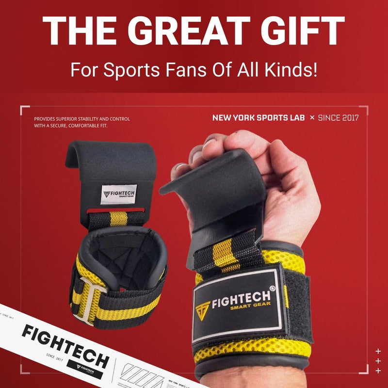 FIGHTECH Premium Weight Lifting Hooks (Pair) - Heavy Duty Hand Grip and Wrist Straps Support - 9 mm Neoprene Padded for Deadlifts, Pull Ups, and Shrugs - Durable Workout Accessories for Men and Women (YEL) - Image 2